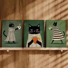 ミッドセンチュリー キャンバスポスター 『コーヒーを運ぶ猫』 3点組 A4サイズ