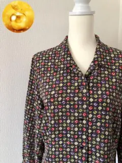 昭和レトロ ビンテージシャツ 総柄 朱 緑 藍 古着