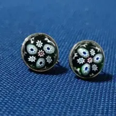 ビンテージ調　ベネチアンガラスか陶器　花柄シルバーイヤリング