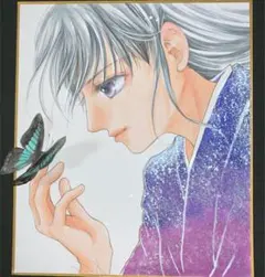 手描き　オリジナル　イラスト　和服　蝶　色紙