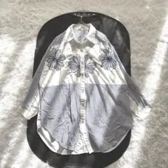 【RUSH】　シャツ　ブラウス　ストライプ　ドルマン　長袖　刺繍　綿100