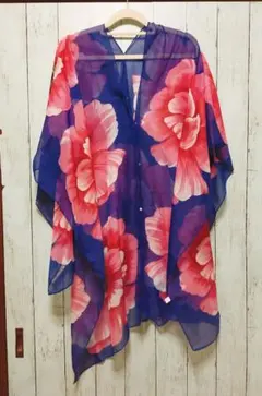 花柄 シフォンカーディガン ブルー×ピンク ケープ型トップス アジアンボヘミアン