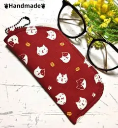 さや♡∞∞様専用 メガネケース２点 ❦猫に小判❦えんじ色❦招き猫わちゃわちゃ