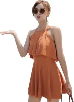 水着　オレンジ　ワンピース　　オールインワン　ハイネック　フレアスカート