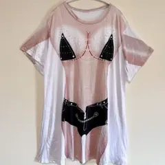 だまし絵 ビキニ風 Tシャツワンピ ゆるダボ オーバーサイズ 古着 レディース