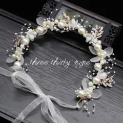 ヘッドドレス ホワイト パール フラワー ゴールド ウェディング アクセサリー