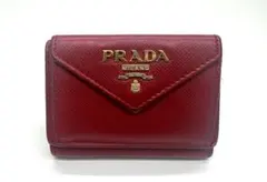★PRADA コンパクト三つ折り財布 サフィアーノ レッド　金ロゴ　レザー