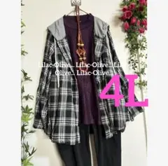 5411新品⭐️ 4L＊フード付チェック柄ゆったりシャツパーカー大きいサイズ