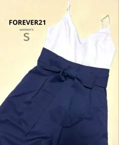 【フォーエバー21】ネイビー紺ホワイト白ワイドパンツオールインワンリボンベルトS