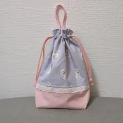 入園入学＊給食袋 コップ袋 巾着 ベア柄 ピンク×水色 マチあり ループ付き