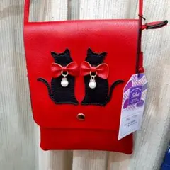 スマホポシェット ショルダーバッグ 猫 ネコ ねこ ポーチ 斜め掛け 赤 縦型