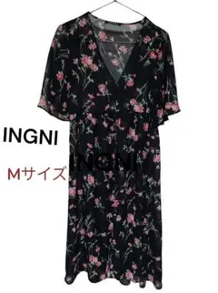 イング　花柄シフォンワンピース 七分袖 黒　シースルー　フロントボタン　M