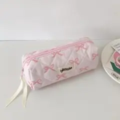 ピンク×ピンク ペンケース メイクポーチ 文房具 コスメ かわいい リボン柄