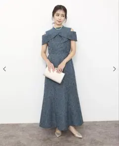 RireFeteリルフェテ クラシックジャガードワンピくすみブルー オフショル