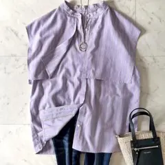 美品＊アンタイトル カバリングストライプブラウス 2 パープル フレンチスリーブ