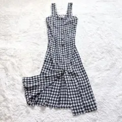 ギンガムチェック　ロングワンピース　ノースリーブ　前ボタン　フレア　ゆったり