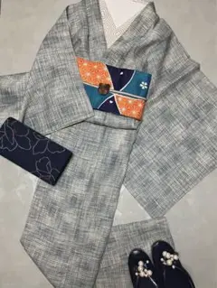【NEW】寒色系 格子柄織単衣 着物