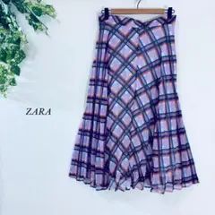 ZARA チェック柄ロングプリーツスカート フレアスカート ピンク W70 M