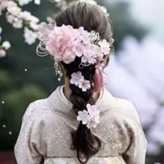 桜ピンク〜和装髪飾り〜結婚式　成人式　卒業式　振袖　袴｜ダリア×桜×かすみ草他