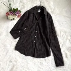美品✨コムサデモード（13号）スキッパーシャツ 長袖 ストライプ ブラウン茶色