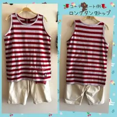 ⭐️ドラッグストアーズ⭐️ボーダータンクトップ　変わりポケット　赤薄紫　ブタ＆ネコのサムネイル