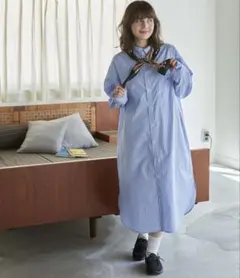 アソート ナンバリング刺繍 ボタンダウン ロングシャツワンピース