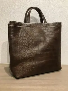 レザー　ハンドメイド　トートバッグ　クロコ型押し　茶色
