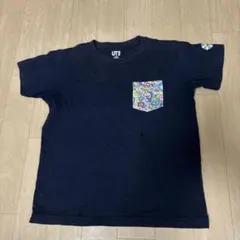 ネイビー Tシャツ 花柄ポケット