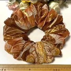 残り3】イエローオレンジ花柄 シフォンジョーゼット シュシュ
