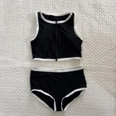 水着 黒/白　ハイウェスト　XL 体型カバー　フィットネス　タンキニ