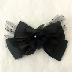 リボンバレッタ 黒 チュール ドット 大きめ 上品 フォーマル 結婚式 ヘア