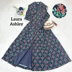 美品⭐︎Laura Ashley 花柄フレアワンピース　マキシ丈　ネイビー　9号