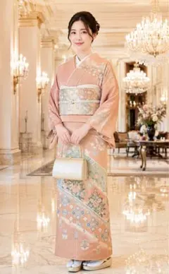 今週値下げ‼️訪問着 薄桃色 花文様 正絹 友禅の華やか染め 紋なしフルセット８点のサムネイル