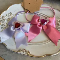 【市販品】リボンヘアゴム2個セット（ピンク・ラベンダー）