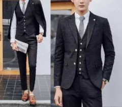 スーツ　セットアップ　ジャケット　ベスト　パンツ　3点セット　ブラック　XXL