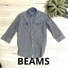 BEAMS 長袖シャツ L ネイビー/ホワイト/レッド チェック柄　七分袖