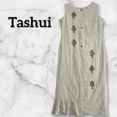 Tashui 【L】刺繍入りノースリーブワンピース ビーズ ベージュ ボタン