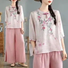 綺麗め きれいめコーデ ブラウス 刺繍 七分袖 レトロ＆ゆったり パフスリーブ