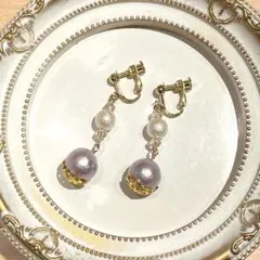 219 パープルコットンパールのゆらゆらイヤリング　ハンドメイド