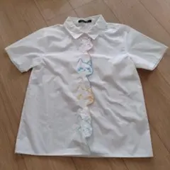 襟付き　半袖シャツ　猫刺繍　ホワイト