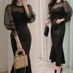 パフスリーブ シースルー マーメイドドレス　パーティー 　ロングドレス