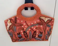 ★未使用★ オレンジ ビーズ刺繍 花柄 パーティーバッグ