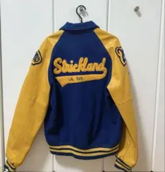 ビンテージ風 カレッジスタジャン 青×イエロー 袖レザー 刺繍ワッペン