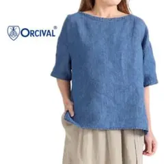 オーシバル 上質リネン デニムブルー プルオーバーシャツ 蜂刺繍 日本製 軽量のサムネイル
