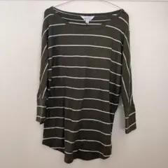 早い者勝ち✨【M】オリーブグリーンと白のストライプ長袖トップス