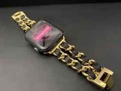 アップルウォッチ 本革 レザー チェーン ベルト ブラック レザー ゴールド