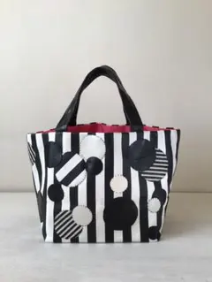 白黒ストライプ レザー円形パッチワークトートバッグ