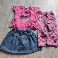 80サイズ ピンクTシャツ・デニムスカート・パンツ3点セット