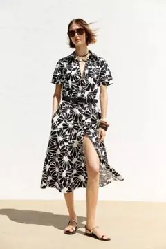 ベルト付きプリント柄ポプリンミディワンピース