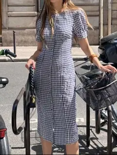 【XL】shein シーイン　ギンガムチェックロングワンピース　カジュアルワンピ